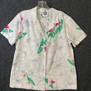 Garden Girl Hawaiian Shirt White Line Art Floral with Orchids Size: L
